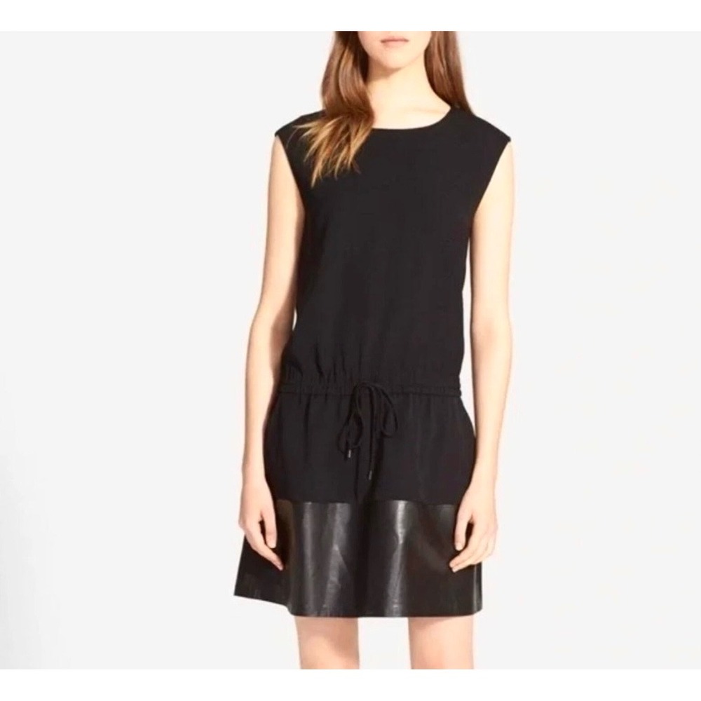 Vince Black Sleeveless Leather Trim Drawstring Waist Dress Medium‎ Mixed Media